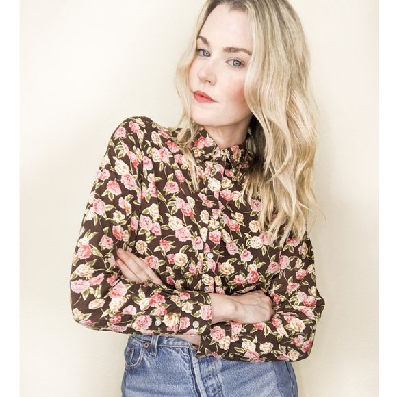 90s Brown Floral Long Sleeve Button Down Blouse - Picture 5 of 14